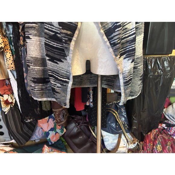 LUCKY BRAND Aztec Drape Open Front Cardigan Sweater Black & Gray Knit Sz M - Picture 3 of 11